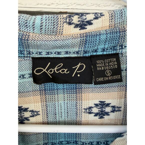 Lola P Plaid Western Shirt Lace Hem Button Down Boho Top Size S - Picture 4 of 6